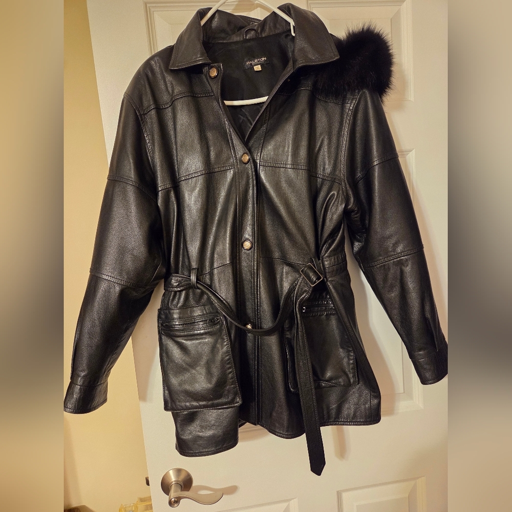 Halston Hooded Black Women's Leather Jacket with Belt Medium Like New